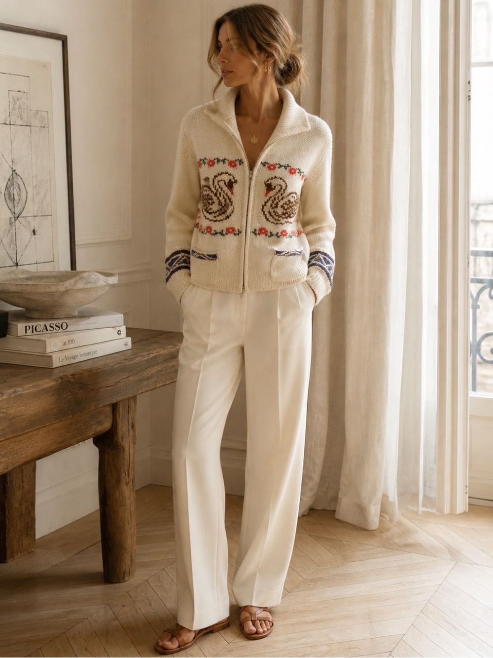 OBEY Cottage Swan Knit Cardigan Ivory Zip Front Alpine Chalet Sweater Size M